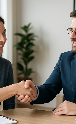 Man and woman in professional attire shaking hands across a desk, smiling in a well-lit office setting with a plant in the background.